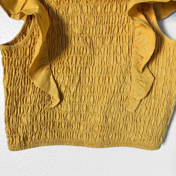 Monteau Linen Ruffled Smocked Yellow Crop Top Womens Small Boho Cottagecore Y2K - Picture 4 of 11